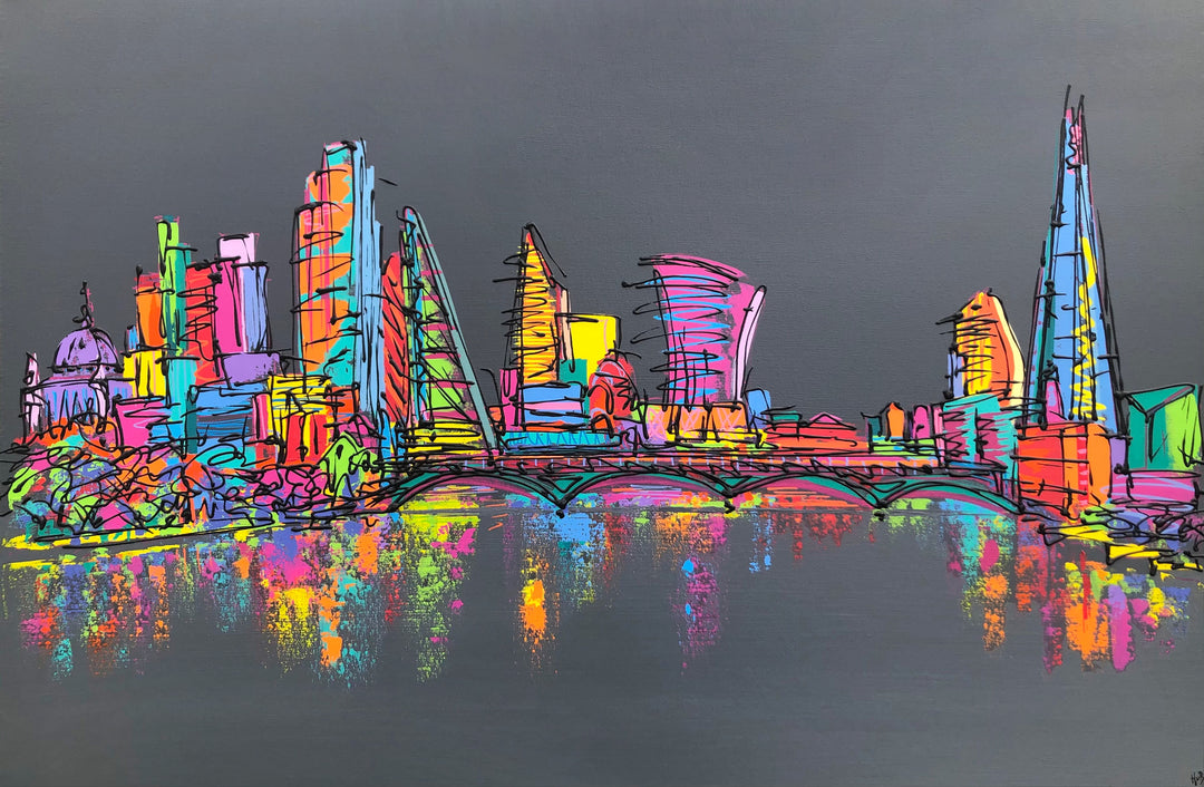 Original painting of colourful London skyline on dark grey background with reflections in River Thames by artist Hannah van Bergen