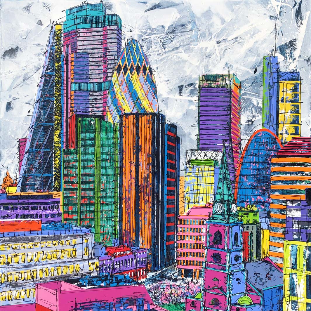 Original large colourful square painting of the City of London skyline and rooftops by artist Hannah van Bergen